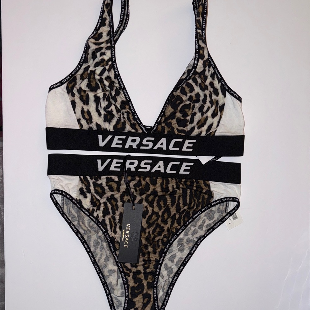 Versace Greca Black Tan Leopard V-Neck Bralette/High Leg Brief Women’s Sz 3 (M)